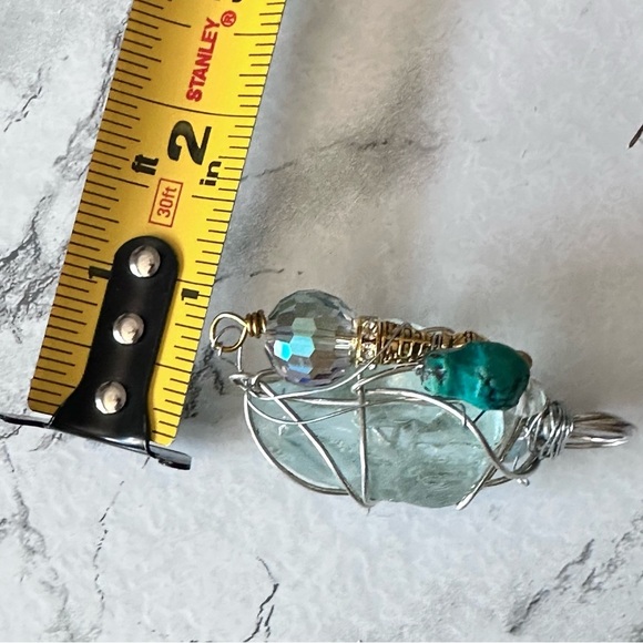 Blue Sea Beach Glass Pendant Beaded Accent Artisan Silver Wire-Wrapped Necklace - Picture 4 of 11